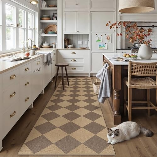 PureCozy 2x8 Checkered Easy Jute Runner Rug Non Slip Hallway Kitchen Washable Outdoor Rug for Entryway Indoor Checkerboard Brown Long Indoor Outdoor Carpet for Bedside Entry Front Door Porch - color: Brown|checkerboard-1, size: 2' x 8' (Runner)