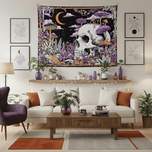Accnicc Mushroom Skull Tapestry Gothic Skeleton Vintage Plant Tapestries Wall Hanging Botanical Witchy Horror Small Tapestry for Bedroom Living Room Dorm 48 x 36 inch - color: Purple White, size: 48"L x 36"W