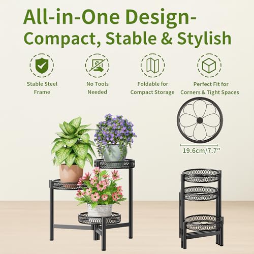 3 Tier Metal Plant Stand Indoor Outdoor, Corner Tall Plant Shelf for Multiple Plants, Foldable Heavy Duty Plant Holder, Decoration Flower Pot Stand for Patio Living Room Balcony Garden - BlackFlower - color: BlackFlower, size: 3-tiers