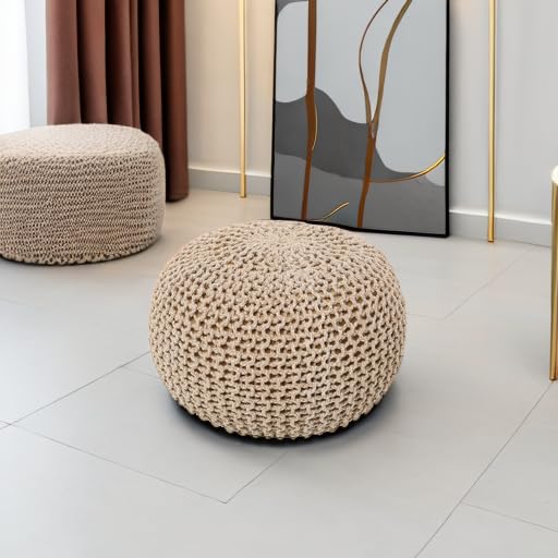 REDEARTH Round Pouf Ottoman - Hand Knitted Cable Boho Poof Home Décor Pouffe Circular Footrest for Living Room - Nursery - Bedroom - Lounge 100% Cotton (18”x18”x14”) - Beige Ivory - color: Beige Ivory, size: 18"D x 18"W x 14"H