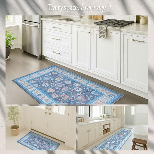 Fame Rugs Blue Modern Oushak Rug 2x3, Vintage Doormat Turkish Colorful Oriental Antique Inspired Washable Small Area Rug, Luxury Living Room Bedroom (387BNB, 2' x 3') - color: 387bnb, size: 2' x 3' (Doormat)