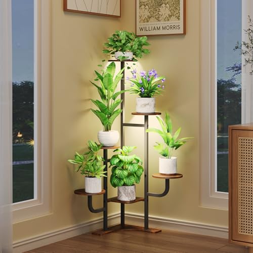 Homsorout Corner Plant Stand with Grow Light - 6 Tier Plant Stand Indoor Round Metal Plant Shelf with Adjustable Light, Plant Organizer for Living Room, Graden, Home Decor (Brown) - color: Brown & Round