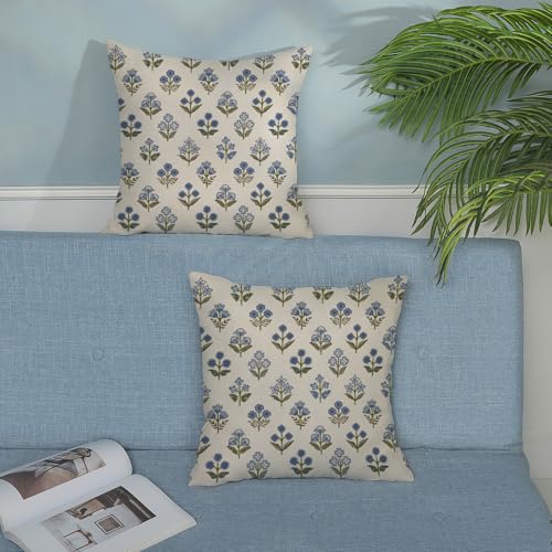 Blue Green Pillow Covers 16x16 Inch 2 Pcs Block Print Vintage Floral Decor Throw Pillows Boho Flower Spring Summer Outdoor Seasonal Decoration Pillowcase Linen Cushion Cover for Couch Sofa - color: Blue Green Block Print Floral, size: 16" x 16" (Pack of 2