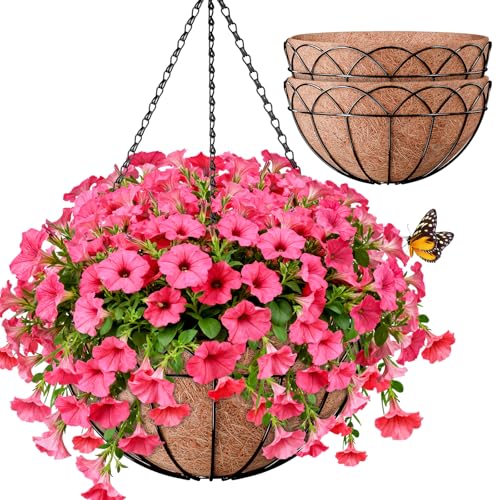 Halatool 2 Pack 14 Inch Hanging Baskets with Coco Liners, Rustproof Metal Flower Planters with Chain Hooks, No Tool Needed Heavy Duty Hanging Pots for Outdoor Patio Balcony Decor