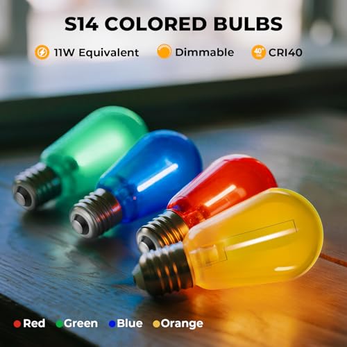 GvvooHome 36 Pack LED S14 Colored Light Bulbs for Outdoor String Lights, Shatterproof 1W Replacement Bulbs for Party Lights, 2200K Warm White, Dimmable, E26 Base, Multi-Color: Red/Green/Blue/Orange - color: Multi-colored, size: 36 Pack