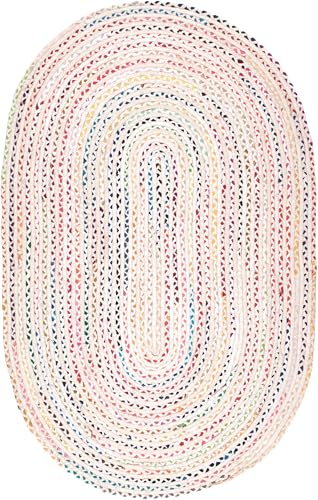 Nuloom Tammara Ivory/Multicolor, 3' x 5' Oval, Hand Braided, Bohemian, Cotton, Soft and Cozy, High Traffic, Stain Resistant, Easy Clean, Durable Runner for Bedroom, Living Room, Dining, Den