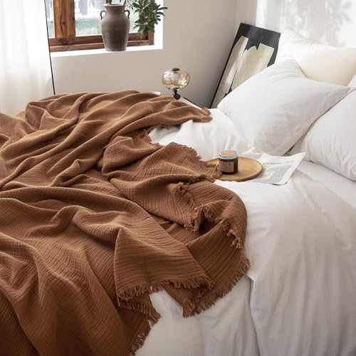 FOSSA Muslin Blanket with Fringe - 4-Layer 100% Cotton Gauze Super Soft & Breathable Throw -Lightweight Decorative Cooling Blanket for Bed, Sofa, Office (Dark Orange, Super King (108" × 98")) - color: Dark Orange, size: Super King (108" × 98")
