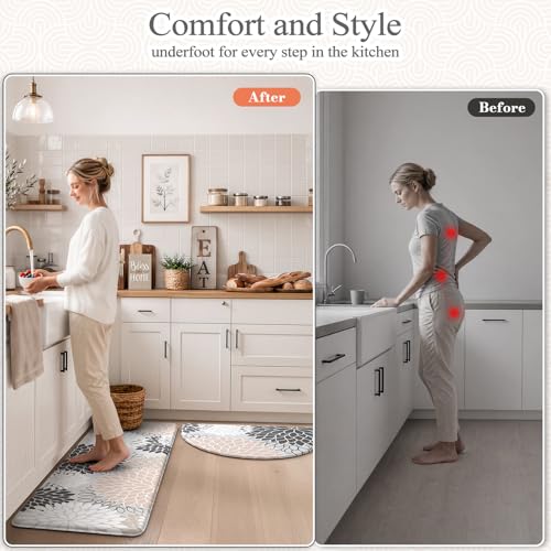 KIMODE Half Circle Kitchen Mats for Floor Cushioned Anti Fatigue,Semi Round Boho Kitchen Rug Sets of 2 Non Slip,Waterproof Memory Foam Comfort Mat Carpet Decor for Sink Laundry Bathroom,Pink - color: Pink/Grey, size: 18" x 28"+18" x 47"-0.47 inches