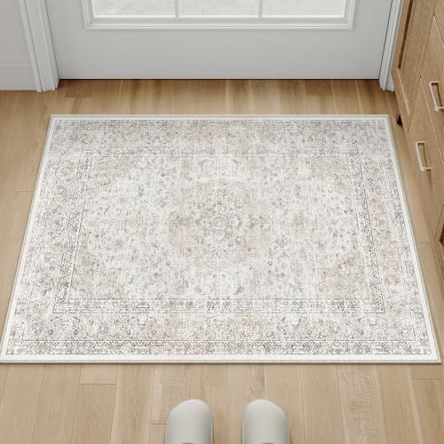 2x3 Washable Vintage Area Rug for Living Room Bedroom Beige Grey Soft Tranditional Non Slip Thin Throw Rug Lightweight Floral Low Pile Distressed Doormat Entrance Dinning Laundry Room Kitchen - color: Vintage | Beige Multi, size: 2'x3'