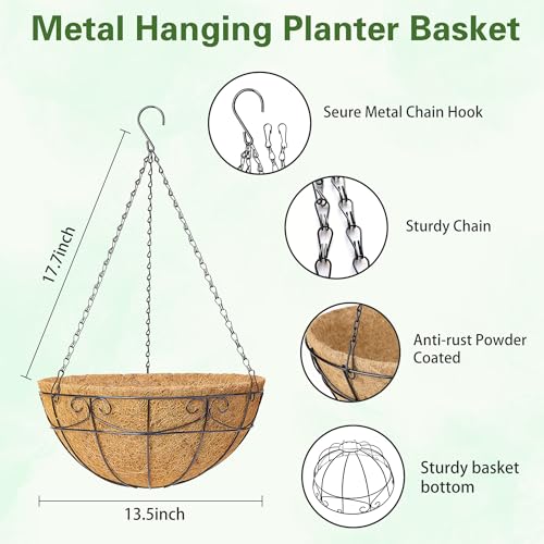 3 Pack 13.5 Inch Hanging Baskets for Plants Outdoor - Metal Hanging Planters for Outdoor Plants with Coco Liners - Heavy Duty Empty Hanging Flower Pots for Porch Patio Garden - size: 13.5 Inch