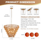 31.49" Large Rattan Gold Chandelier for Dining Room, Farmhouse 12-Lights Boho Hand-Woven Bamboo Chandelier, Drum Wicker Golden Chandeliers for Kitchen Island, Living Room, Bedroom - color: Gold 31IN