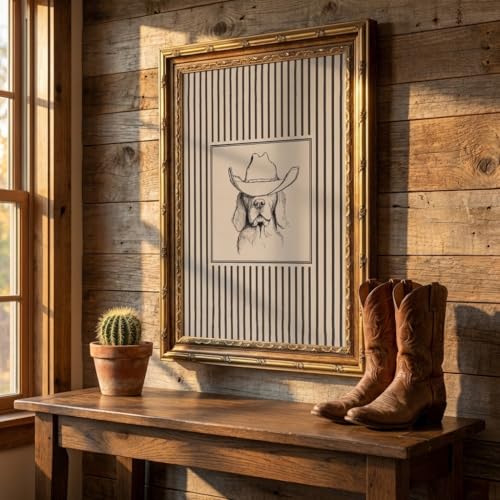 Vintage Gold Framed Western Cowboy Dog Wall Art -Striped Western Pet Canvas Decor Animal Sketch Artwork Picture for Living Room Bedroom Home Wall decor 12x16 Inches - color: Golden Retriever Dog In Cowboy Hat, size: 12"L x 16"W