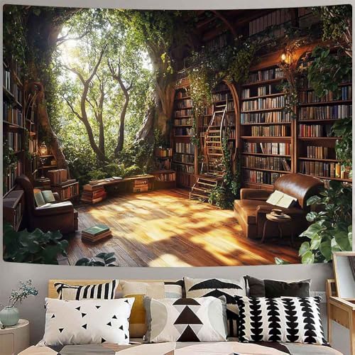 RichIdeas 80x60inches Bookshelf Tapestry Classroom Blanket Large Forest Tapestries Book Wall Hanging for Living Room, Library, Classroom, Dorm Room Decor RITA038 - color: Yellow-2, size: 80"L x 60"W