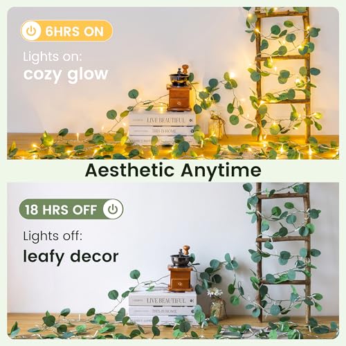 HEYFUNi 23FT Eucalyptus Garland with String Lights, Plug in | 73 LEDs, plug-in power, memory, 8 modes, greenery leaf vine lights for bedroom, wall, wedding, party, summer dorm decor - color: Eucalyptus, size: 73 LED-Plug in