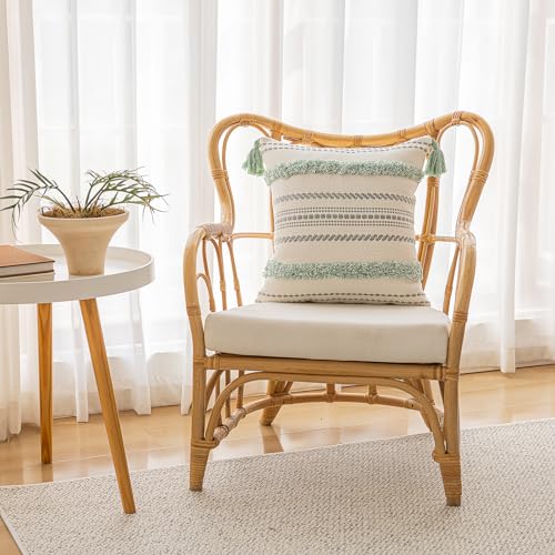 Boho Throw Pillow Covers 20x20 Set of 2 Woven Tufted Farmhouse Pillows Cover with Tassels Textured Striped Cushion Case Neutral Pillow Cases Decorative Pillowcase for Sofa, Couch, Bed, Light Green - color: Light Green, size: 20" x 20" (Pack of 2)