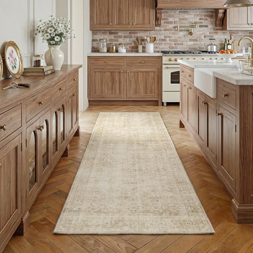 Fmfunctex 2x5 Washable Runner Rug Beige Neutral Vintage Distressed Oriental Traditional Non Slip Low Pile Indoor Carpet Retro Hallway Entryway Rug for Kitchen Living Room Bedroom Laundry Entry Bedside - color: Beige, size: 2' x 5' (Rectangular)