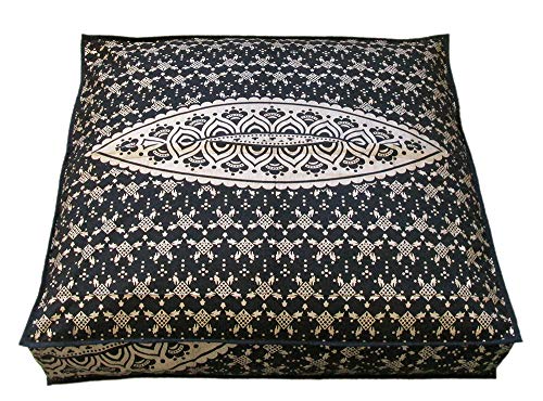 CRAFT KALA Mandala Floor Pillow Cushion Cover Seating Throw Cover Hippie Decorative Bohemian Ottoman Poufs Pom Pillow Cases Boho Indian Cotton Living Room Yoga Home Décor 24" Square, Black Gold Ombre - color: Black Gold Ombre, size: 24" x 24" (Pack of 1)