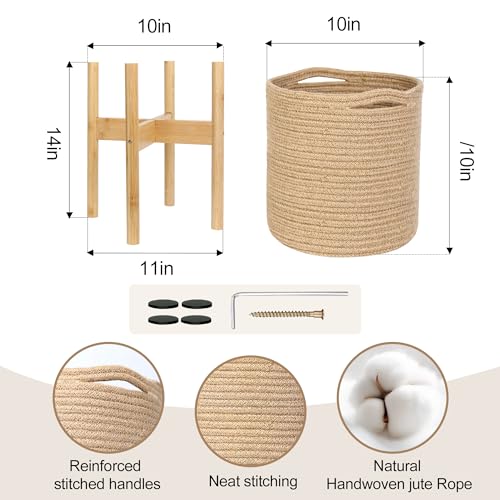 Plant Basket with Stand, Indoor Round Wicker Basket Plant with Bamboo Wood Stand, Decorative Woven Rope Flower Indoor Planter with Legs, Boho Bamboo Wood Planter Holder (Jute) - color: Jute