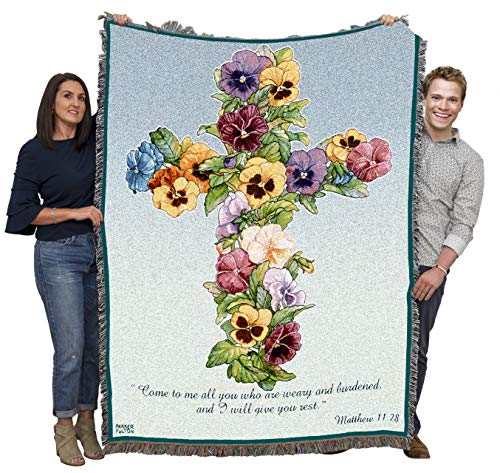 Pansy Cross Blanket by Parker Fulton - Come To Me All You Who Are Weary - Scriptures Matthew 11:28 - Sympathy Bereavement Gift Tapestry Throw Woven from Cotton - Made in the USA (72x54) - color: Pansy Cross, size: 72" x 54"