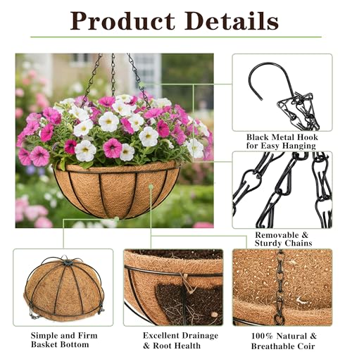 EIMQUVW Outdoor Metal Hanging Planters Basket (4pack, 16 inch) Hanging Baskets for Plants Chain Round Wire Plant Holder with Coco Fiber Liners for Garden, Patio, Deck, Porch - size: 16 Inch