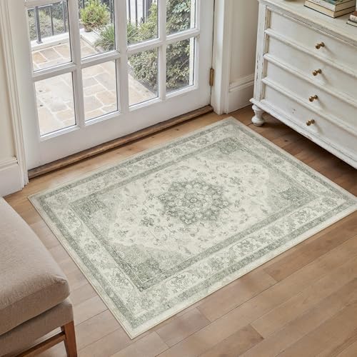 PureCozy Green Area Rug 2x3 Washable Entryway Carpet Vintage Kitchen Soft Retro Low Pile Thin Non Slip Door Mat Entrance Oriental Medallion Throw Rug for Bathroom Office Bedroom Dining Room - color: Green, size: 2' x 3' (Rectangular)