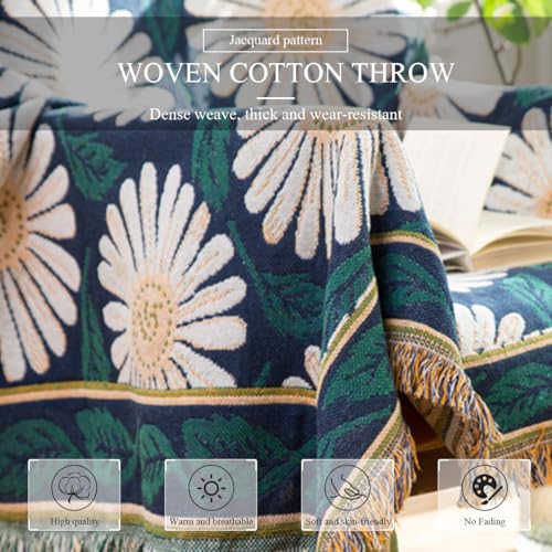 LumiSyne Cotton Woven Throw Blanket With Tassel Double-Sided Jacquard Bohemian Geometric Pattern Vintage Ethnic Style Decorative Throws For Sofa Bed Armchair Camping Blanket Tapestry Tablecloth Carpet - color: Blooming Daisy, size: 90×90cm