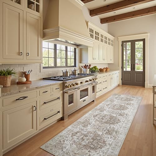 jinchan Runner Rug 3x8 Washable Hallway Rug Vintage Traditional Floor Cover Thin Taupe Multi Distressed Floral Indoor Mat for Kitchen Bathroom Bedroom Living Room - color: Medallion Taupe Multi, size: 3' x 8' (Runner)