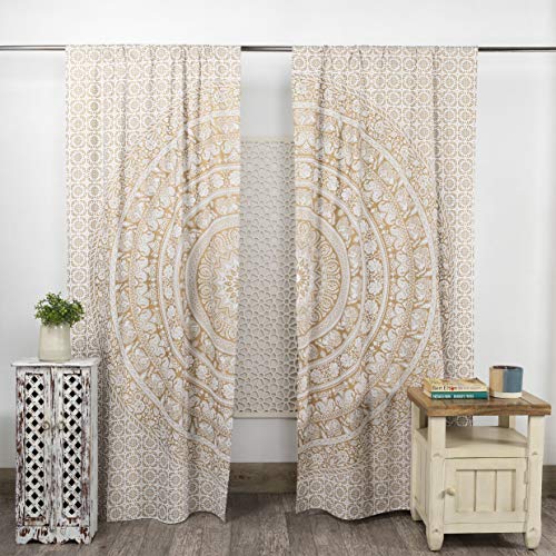 Popular Handicrafts Printed Curtains Panels Set of 2 Indian Hippie Bohemian Beautiful Elephant Mandala Curtain Panels White Gold 42x100 Inch - color: White and Gold, size: 42"W x 100"L (Pack of 2)