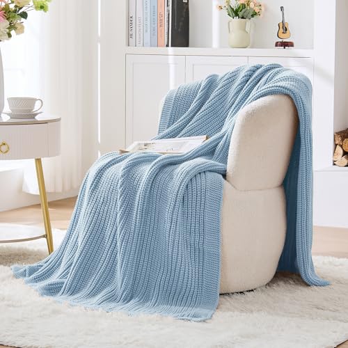 Chunky Knit Blue Throw Blanket for Couch Soft Cozy Thick Cable Knitted Throw Blankets for Sofa Bed Cute Decorative Throw Blanket for Living Room,50"x 60",Light Blue - color: Light Blue, size: 50"x 60"