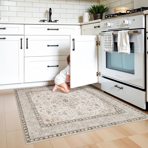 4x4 Rug Square Washable for Entryway: Oriental Area Rugs for Kitchen- Ultra Thin Low Pile Stain Resistant Carpet - Home Decor for Vintage Style Lover Pet Owner - 4' Square Ivory - color: Ivory, size: 4' x 4' (Square)