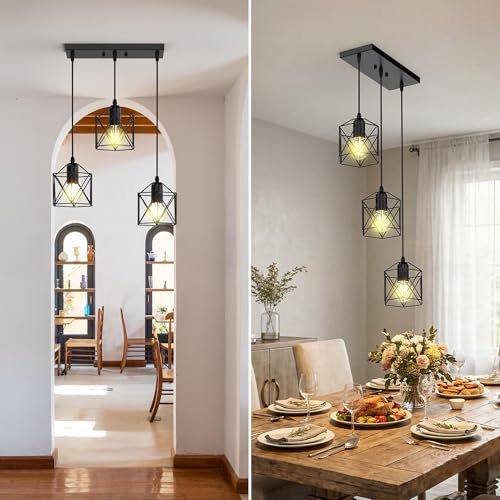 3 Light Pendant Lighting, Farmhouse Hanging Light Fixture for Kitchen Island & Dining Room, Industrial Vintage Ceiling Lamp with E26 Base, Adjustable Height, Matte Black - color: Long Base Metal Pendant - 3-Light (Black)