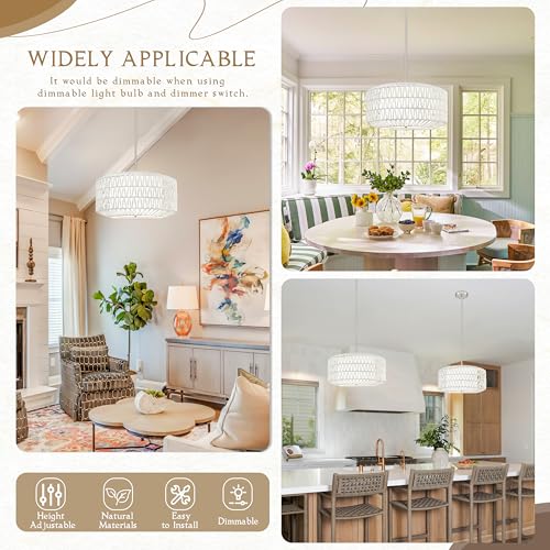 18 inch White 3 Light Rattan Light Fixture Woven Pendant Lights Rattan Farmhouse Chandeliers Fabric Shade Boho Chandelier for Dinning Room Kitchen - color: 18"-White-Prism