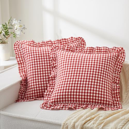 KKJIAF Ruffle Gingham Pillow Covers 24 x 24 Inches, Cotton Gingham Pillow Cases Set of 2, Linen Feel Ruffled Plaid Pillow Shams with Envelope Closure for Sofa Bed (Red/White Plaid) - color: Black Plaid, size: 24" x 24" (Pack of 2)