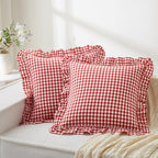 KKJIAF Ruffle Gingham Pillow Covers 24 x 24 Inches, Cotton Gingham Pillow Cases Set of 2, Linen Feel Ruffled Plaid Pillow Shams with Envelope Closure for Sofa Bed (Red/White Plaid) - color: Black Plaid, size: 24" x 24" (Pack of 2)