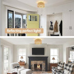 Rattan 3-Light Ceiling Light Fixture, Boho Flush Mount Ceiling Light, Modern Ceiling Light with Hand-Woven Shade for Bedroom Living Room Enterway Foyer