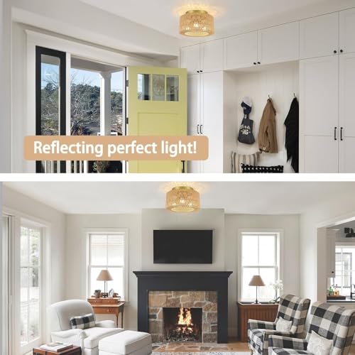 Rattan 3-Light Ceiling Light Fixture, Boho Flush Mount Ceiling Light, Modern Ceiling Light with Hand-Woven Shade for Bedroom Living Room Enterway Foyer