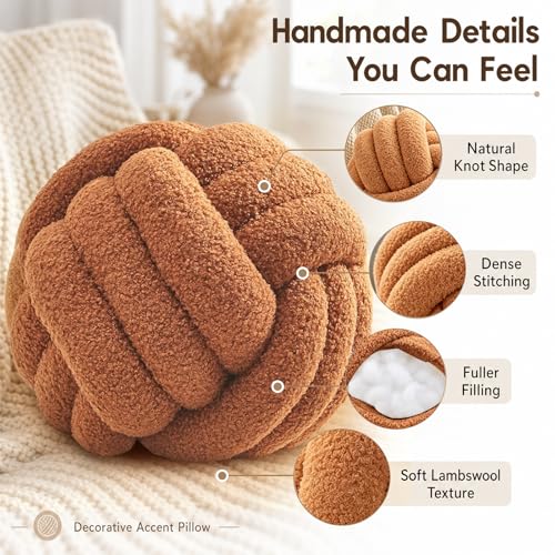 Petrella Caramel Knot Ball Pillow, Handmade Soft Lambswool Round Throw Pillow for Sofa, Bed and Cozy Living Room Decor, Medium Knotted Accent Cushion, 11 Inch - color: Caramel, size: 11inch