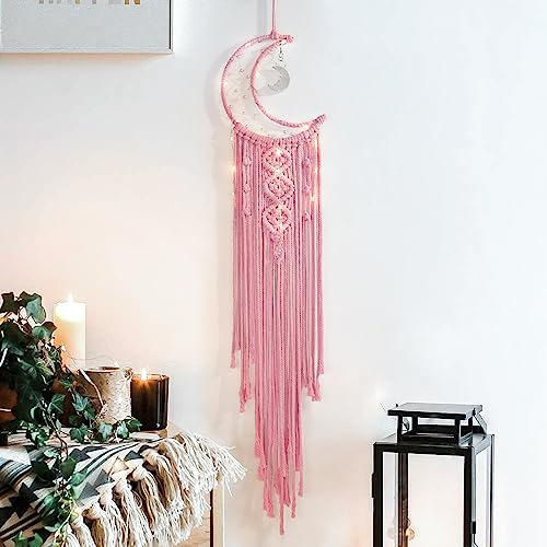 ANROYE Macrame Moon Dream Catcher for Girl, Pink Boho Crescent Dreamcatcher for Bedroom Adult, Handmade Kids Nursery Room Wall Hanging with Star Pendant for Teen, Bohemian Home Decoration Idea - color: Baby Pink, size: Without Light