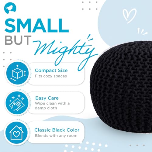 BIRDROCK HOME Round Pouf Ottoman Foot Rest - 18.5”x18.5”x15” Boho Compact Comfortable Soft Cotton Braided Foot Stool with Bean Bag Filling for Living Room, Bedroom, or Nursery (Black) - color: Black