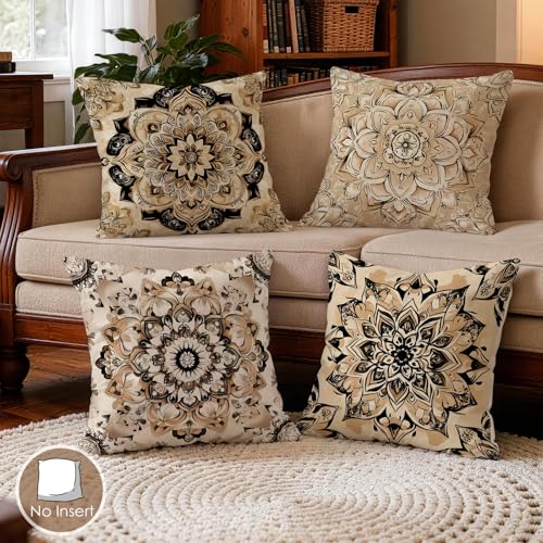 OBSEDE Black Beige Mandala Decorative Throw Pillow Covers 18x18 Set of 4 Faux Linen Cushion Cases Single-Sided Print Boho Geometric Accent Pillows for Living Room Sofa - color: Black Beige Mandala
