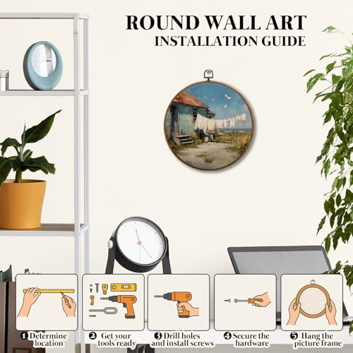 JUIOEIU Vintage Farmhouse Laundry Day Round Wall Decor, Rustic Country Framed Canvas Prints, Coastal Seaside Landscape Wall Art Hanging Decorations for Washroom Bathroom Laundry Room Decor, 10x10in - color: Laundry room09
