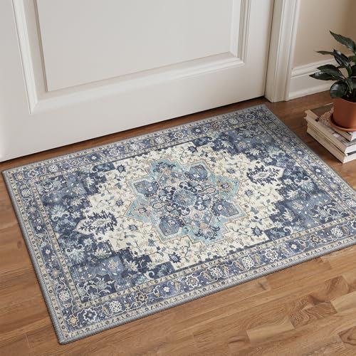 GENIMO Area Rug 2x3 Doormat, Machine Washable Low Pile Rugs, Small Retro Entryway Mat for Entrance, Hallway, Kitchen and Corridor, Center Blue - color: Area Center Blue, size: 2' x 3' (Rectangular)