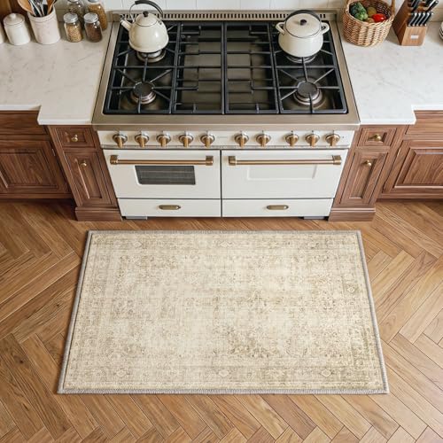 FMFUNCTEX Entryway Rug 2x3 Beige Washable Neutral Vintage Distressed Oriental Door Mat Non Slip Low Pile Indoor Carpet Soft Retro Small Throw Area Rugs for Entry Entrance Bedroom Kitchen Bathroom - color: Beige, size: 2' x 3' (Rectangular)