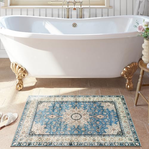 Lahome Felice Oriental Floral Medallion Area Rug - 2x3 Blue Distressed Small Entryway Rug Printed Doormat Vintage Non-Slip Washable Low-Pile Carpet for Indoor Front Entrance Kitchen Bathroom - color: Floral Medallion, size: 2' x 3' (Rectangular)