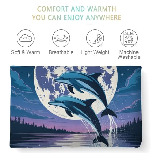 Dolphin Blanket, Two Dolphins Jumping Under Moonlight Flannel Throw Blanket for Couch Bed Or Chair, Luxury Lightweight Comfy Blankets Home Decor Gift 40x50in(100 * 125cm)
