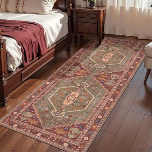 Ciicool 2x5ft Runner Rug, Hallway Wahshable Rug Vintage Kitchen Carpet for Entrance Bedroom Bedside Living Room Kitchen Laundry Bathroom Decor - color: Terracotta/Green, size: 2' x 5' (Runner)