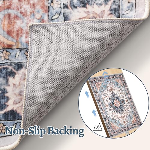 Tangsoo Vintage Rug 2x3 Washable Rug for Entryway, Non Slip Small, Indoor Front Door, Print Distressed Blue/Beige Door Mat Carpet, Soft Low Pile Rugs for Entrance Kitchen Bedroom Bathroom - color: Blue/Orange, size: 2' X 3' (Rectangular)
