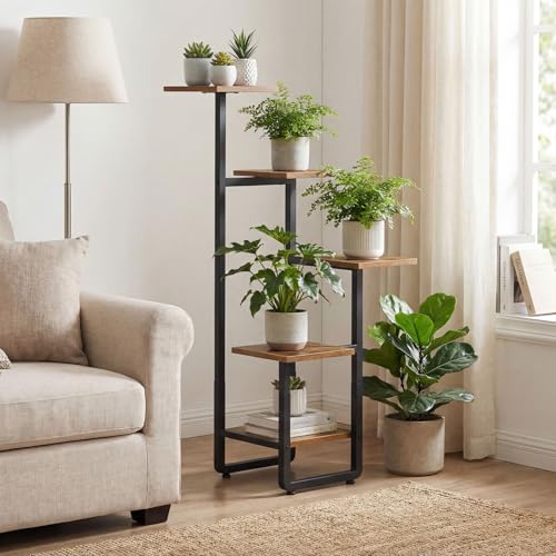 HOOBRO Plant Stand Indoor, 5 Tiered Plant Shelf for Multiple Indoor Plants, Square Corner Plant Stand for Living Room, Balcony, Patio, Rustic Brown and Black BF06HJ01