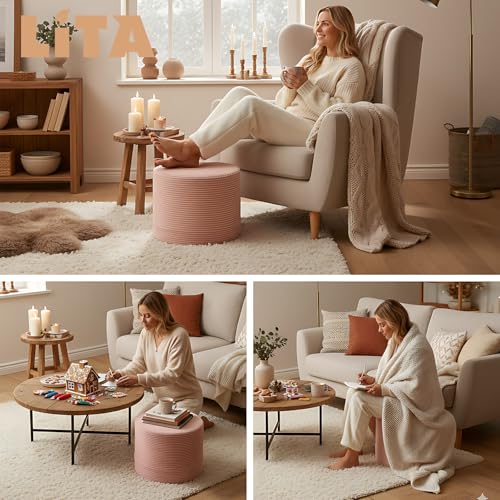 LITA Round Stuffed Pouf Ottoman, Velvet Poufs with High-Density Foam Filling and Washable Cover, Furry and Fluffy Bean Bag Foot Stools Ottoman for Living Room, Bedroom, Office, Pink - color: Velvet Pink