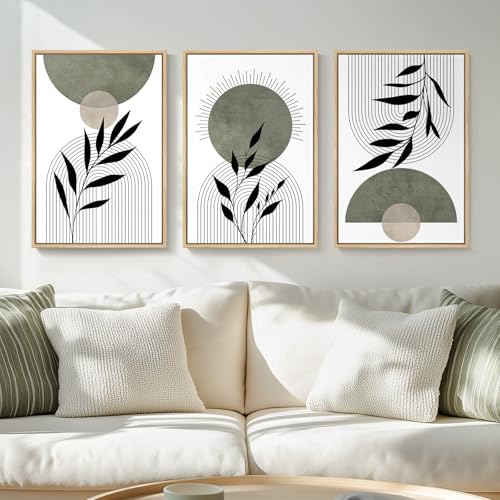 Framed Boho Sage Green Wall Art for Living Room, 3 Piece Large Abstract Botanical Canvas Artwork Decor, Beige White Sun Moon Geometric Leaf Painting Prints for Bedroom Dining Room Office 16x24 Inch - color: Green Black, size: 24" H x 16" W x 3Pcs